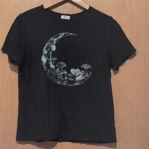 Black Graphic Tee with Moon and Mushrooms